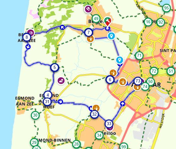 Fietsroute Bergen, Egmond aan de hoef en Alkmaar op de map